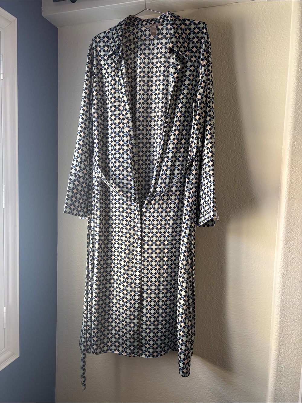 H&M Blue and White Printed Long Sleeve Belted Dress